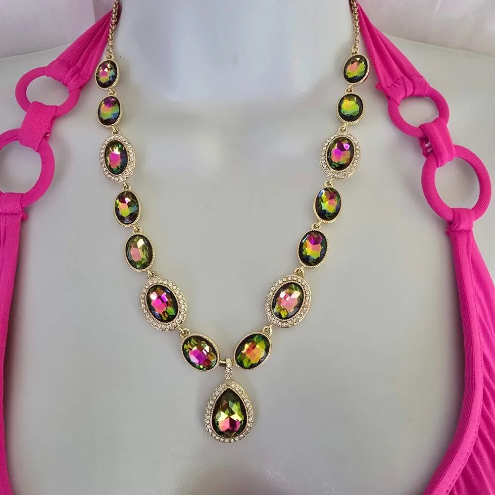 Monet Colorful Rainbow Stones Statement Necklace rainbow pink green yellow NWT - Picture 2 of 10